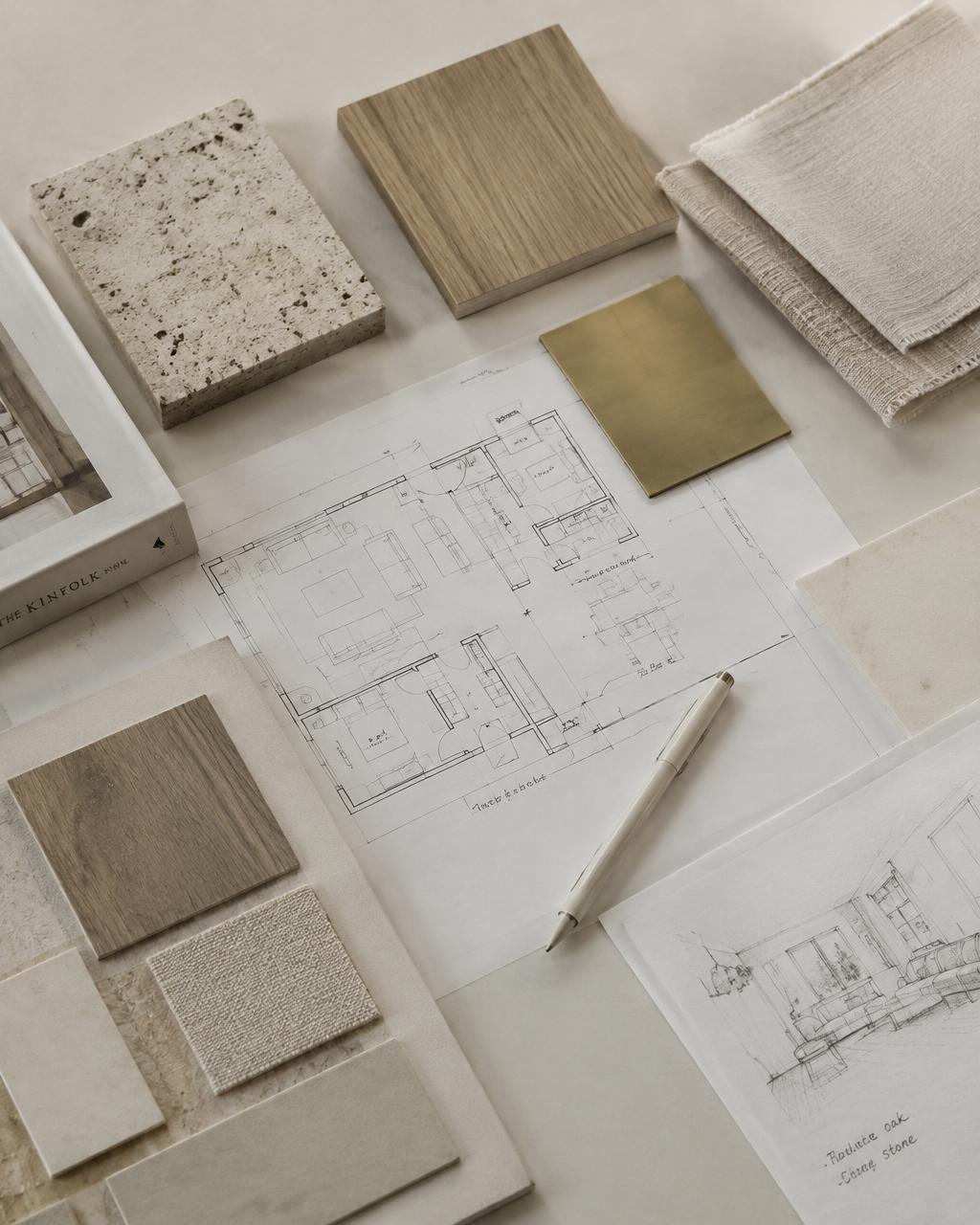 Material samples and floor plan sketches